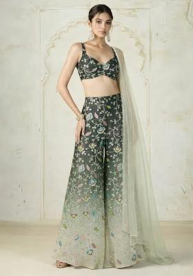 Olive Green Sequin Silk Fusion Set