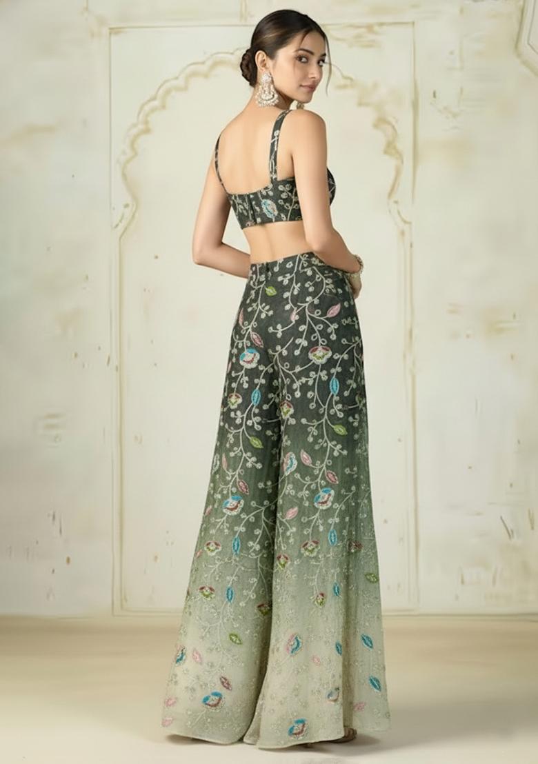 Olive Green Sequin Silk Fusion Set - Indya