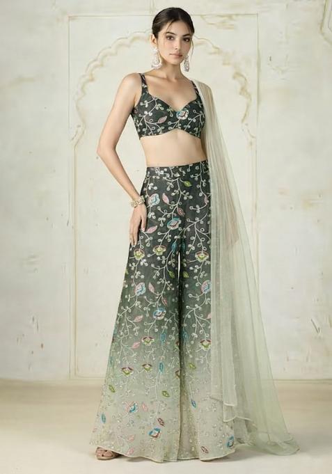 Olive Green Sequin Silk Fusion Set