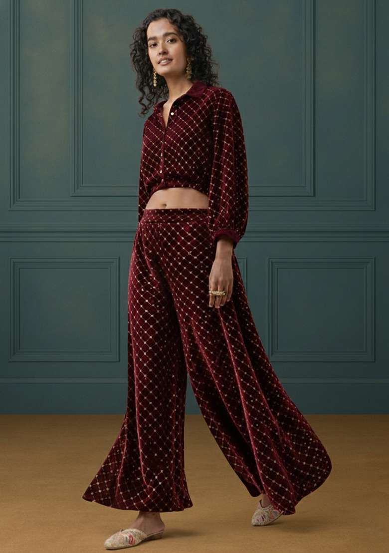 Wine Embroidered Velvet Fusion Set - Indya