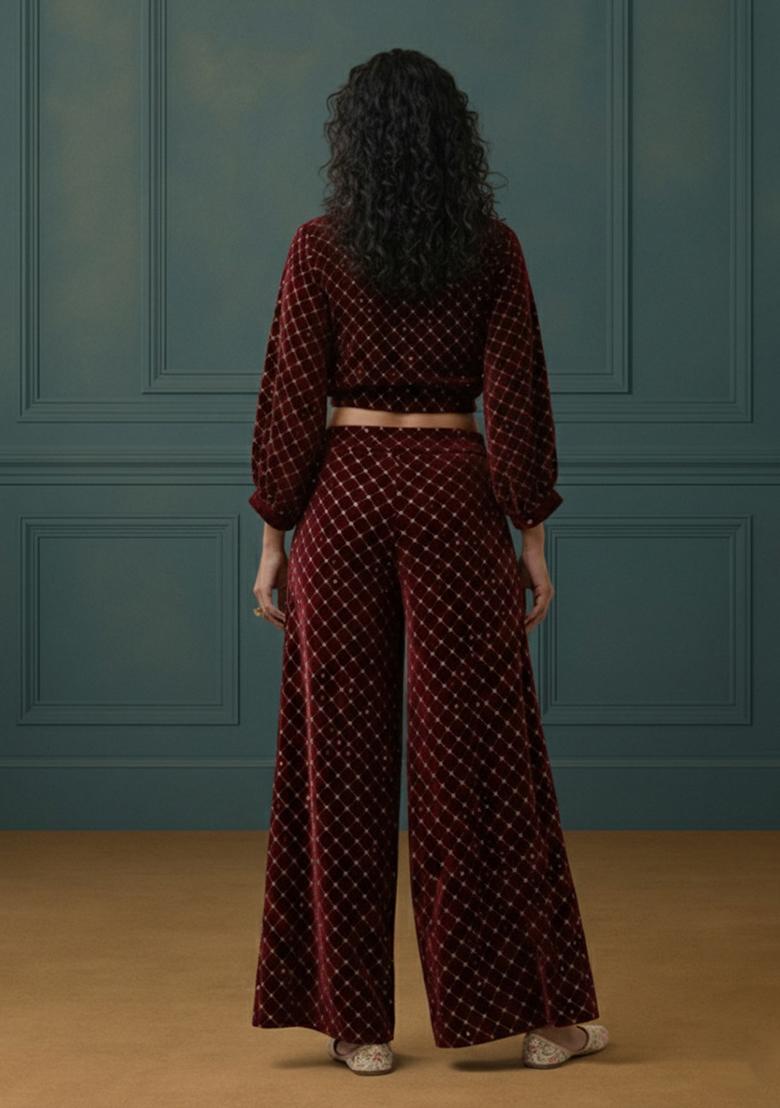 Wine Embroidered Velvet Fusion Set - Indya