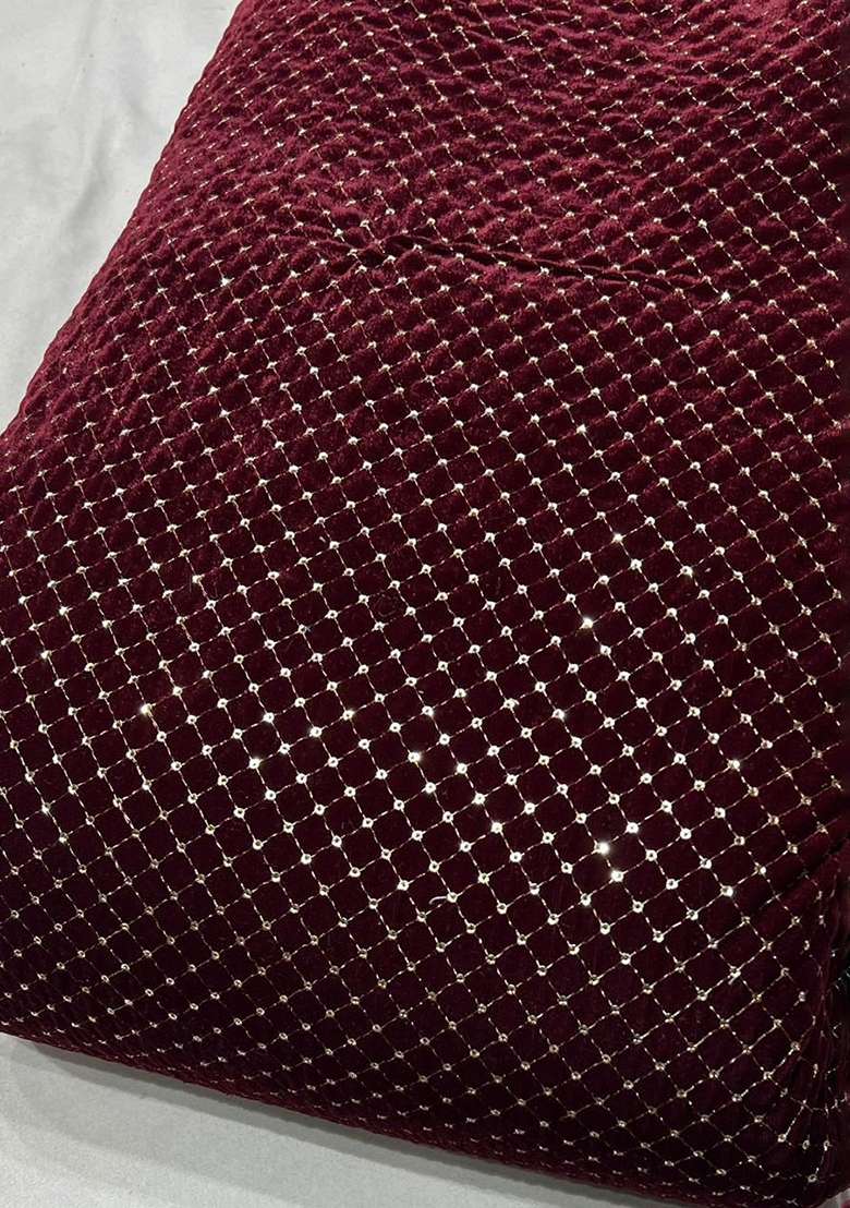 Wine Embroidered Velvet Fusion Set - Indya
