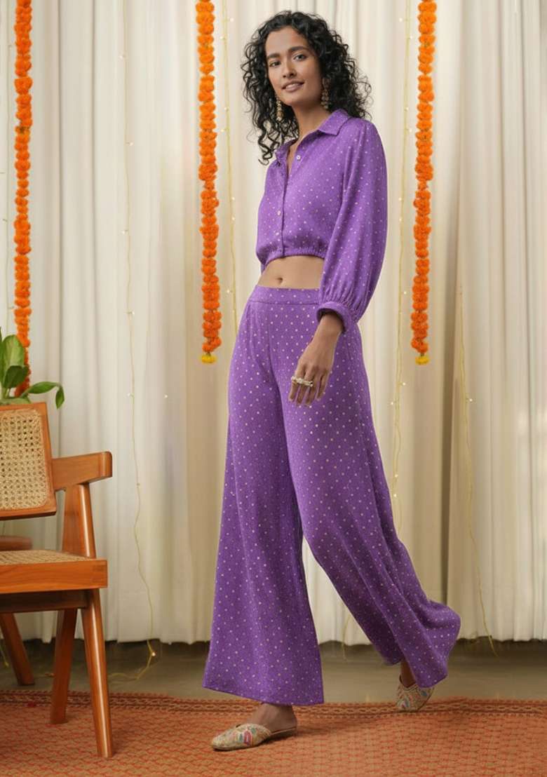 Purple Embroidered Velvet Fusion Set - Indya