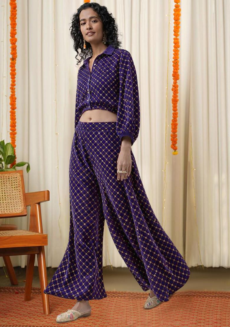 Navy Blue Embroidered Velvet Fusion Set - Indya