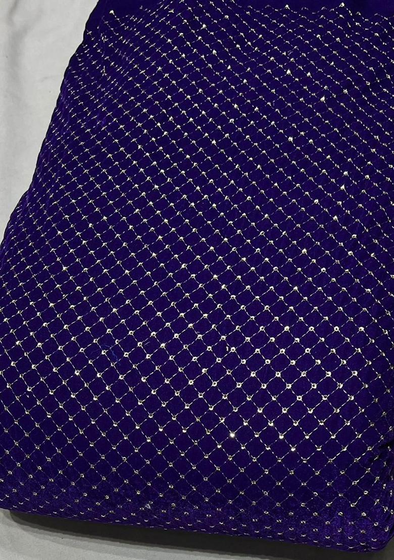 Navy Blue Embroidered Velvet Fusion Set - Indya