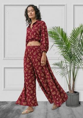 Wine Embroidered Net Fusion Set