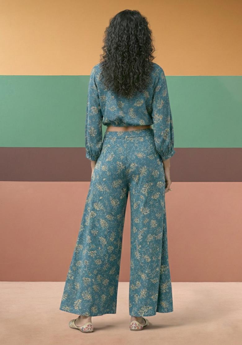 Teal Embroidered Net Fusion Set - Indya