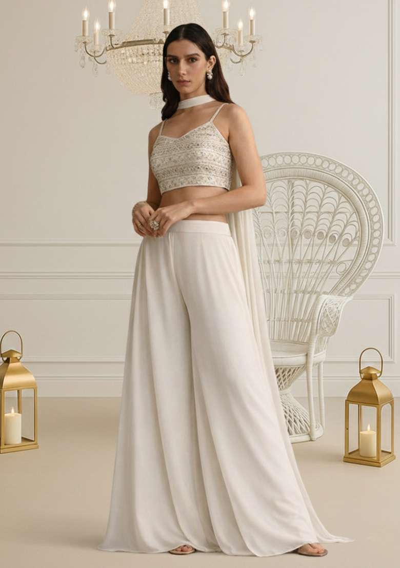 White Georgette Fusion Set with Mirror Work for Diwali | Wedding & Festive Wear - Indya