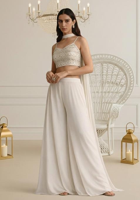 White Mirror Work Georgette Fusion Set