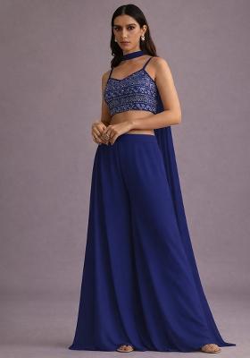Deep Blue Mirror Work Georgette Fusion Set