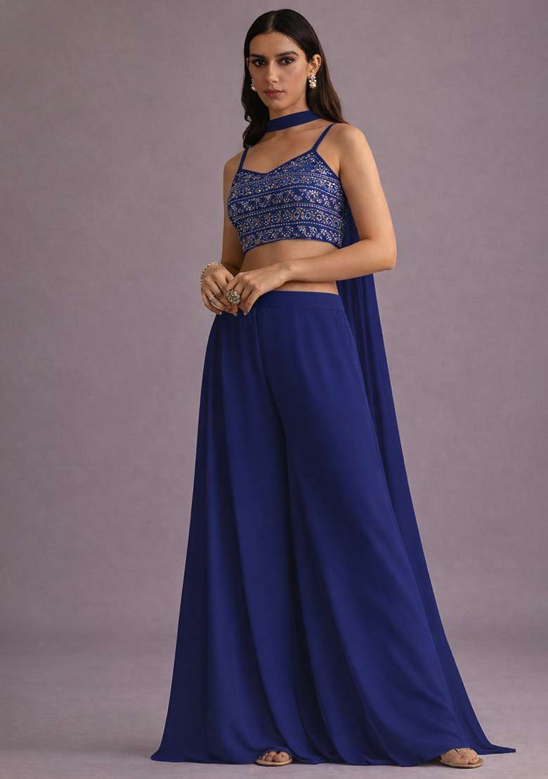 Deep Blue Mirror Work Georgette Fusion Set for Diwali and Festive Wear - Indya