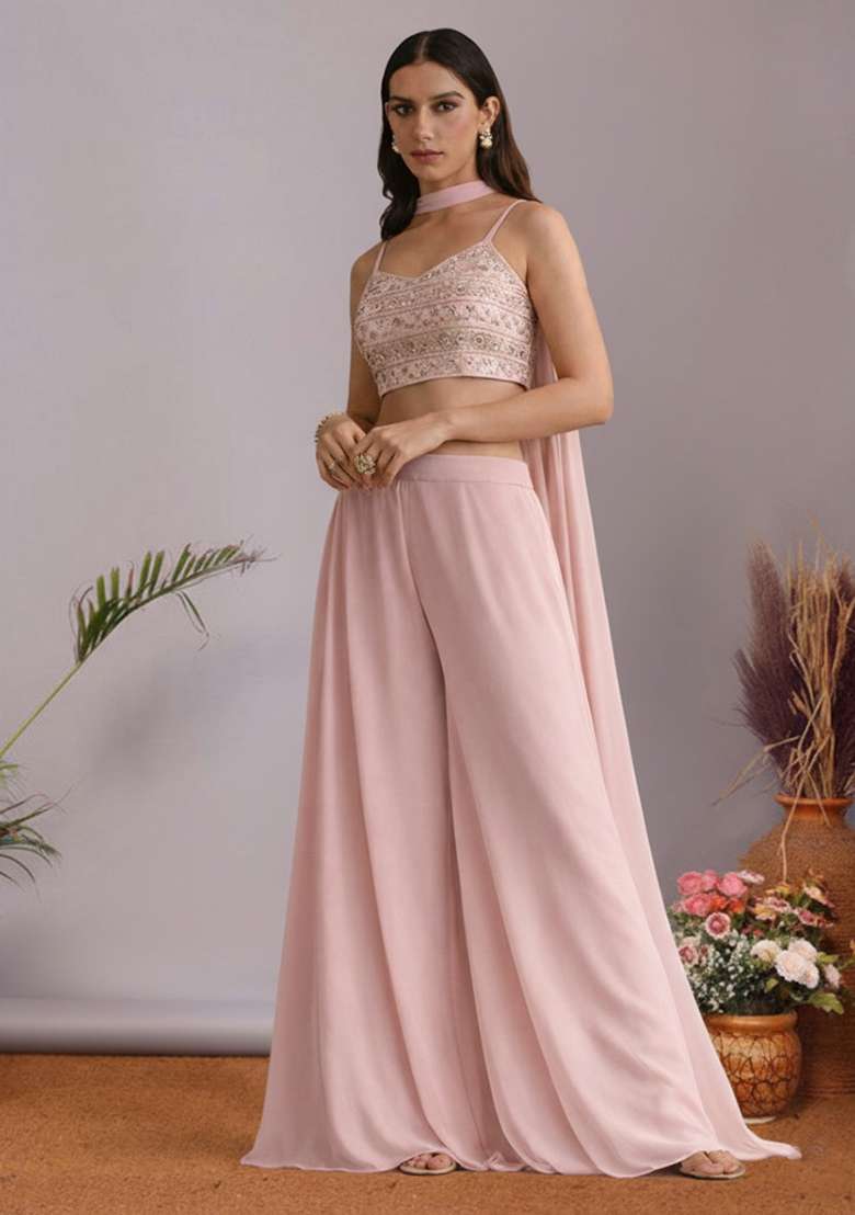 Soft Pink Georgette Fusion Set with Mirror Work for Diwali | Wedding & Festive Wear - Indya