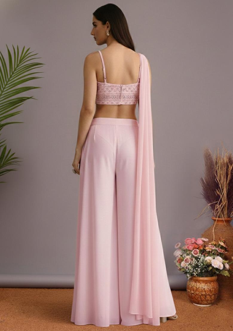 Soft Pink Mirror Work Georgette Fusion Set - Indya