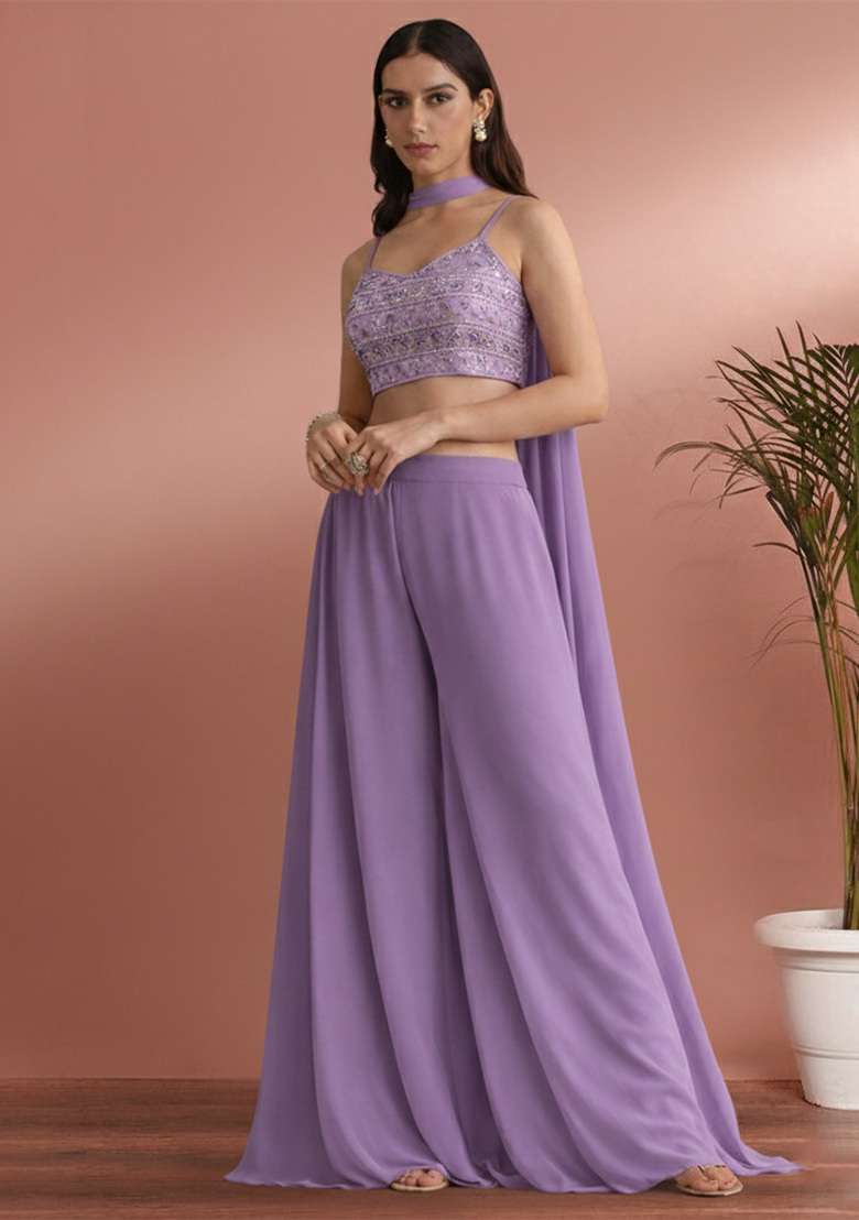 Lavender Mirror Work Georgette Fusion Set for Diwali and Festive Wear - Indya