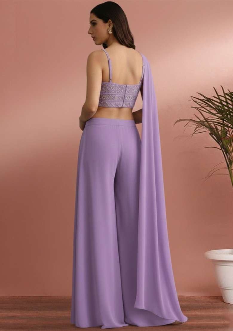 Lavender Mirror Work Georgette Fusion Set for Diwali and Festive Wear - Indya