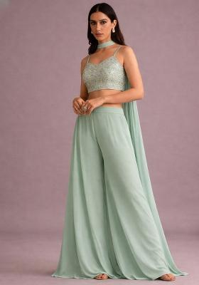Mint Green Mirror Work Georgette Fusion Set