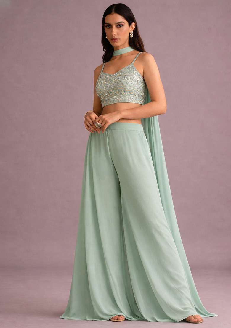 Mint Green Mirror Work Georgette Fusion Set for Diwali and Festive Wear - Indya