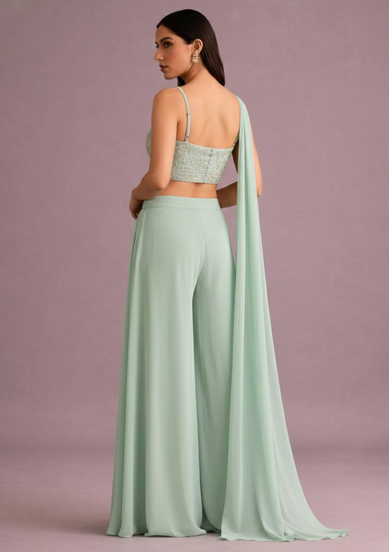 Mint Green Mirror Work Georgette Fusion Set - Indya