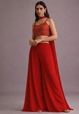 Red Mirror Work Georgette Fusion Set