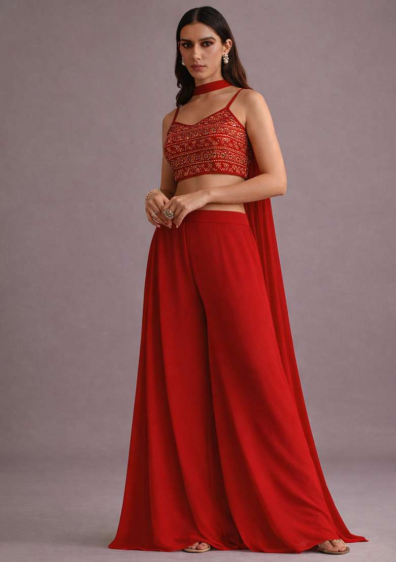 Red Georgette Fusion Set with Mirror Work for Diwali | Wedding & Festive Wear - Indya