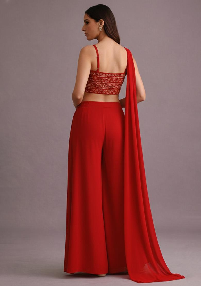 Red Mirror Work Georgette Fusion Set - Indya