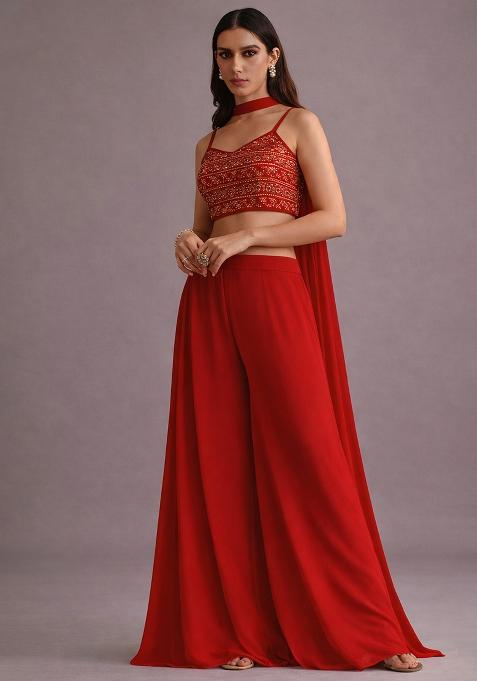 Red Mirror Work Georgette Fusion Set