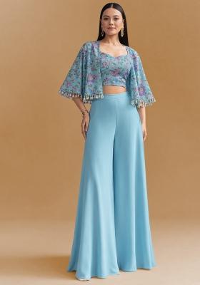 Blue Floral Print Organza Fusion Set