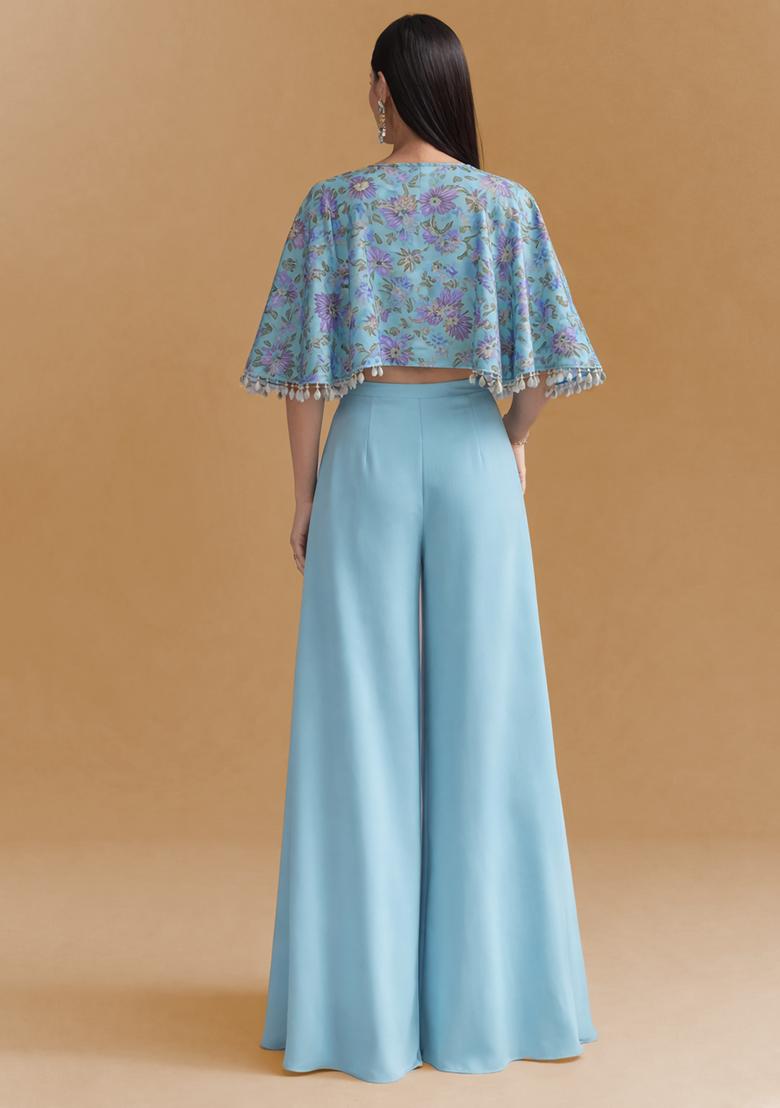 Blue Floral Print Organza Fusion Set - Indya