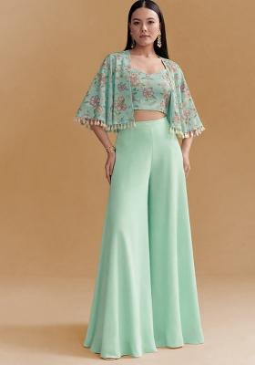 Mint Green Floral Print Organza Fusion Set