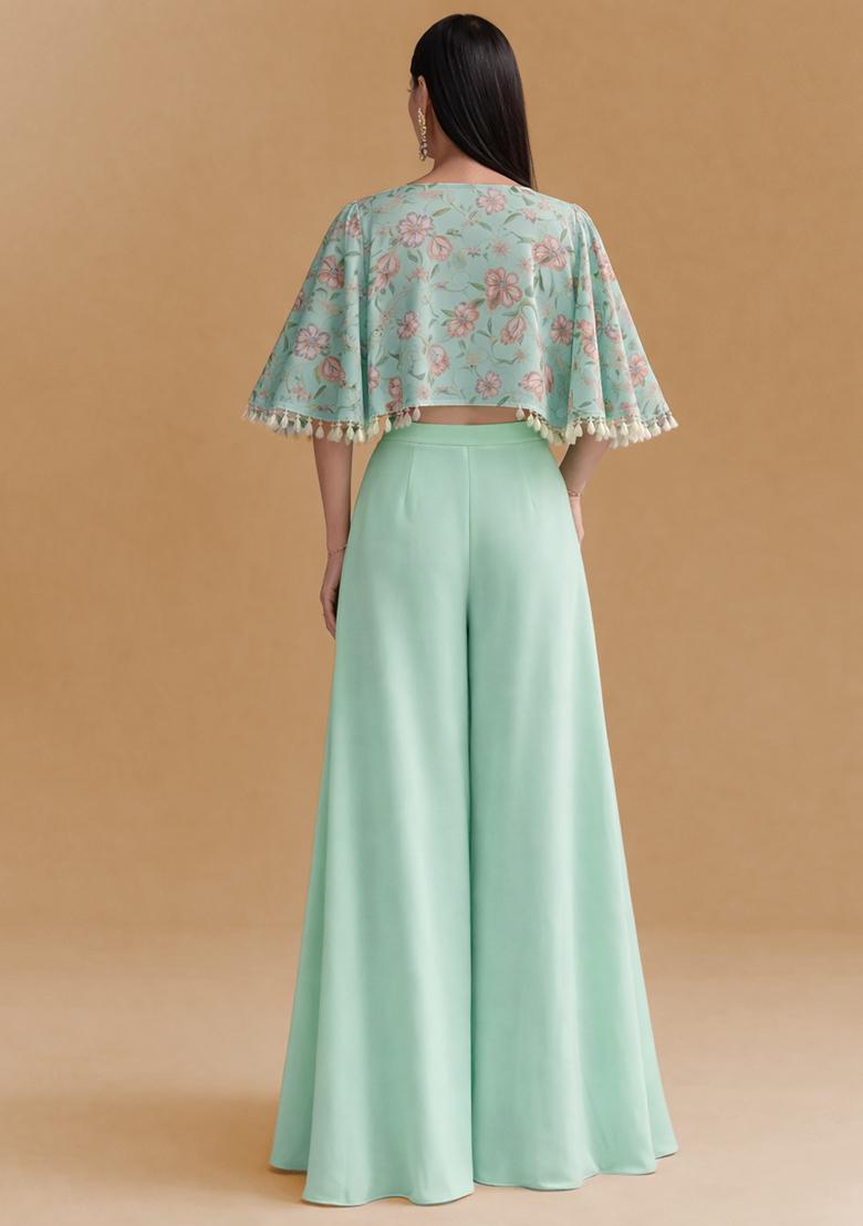 Mint Green Floral Print Organza Fusion Set - Indya