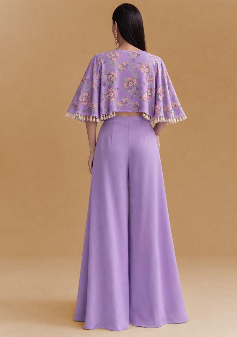 Lavender Floral Print Organza Fusion Set - Indya