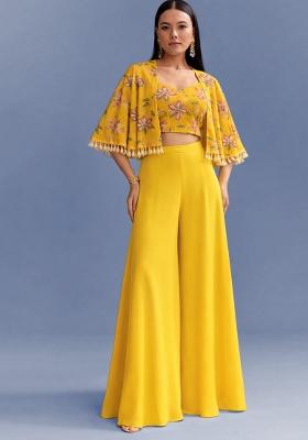 Yellow Floral Print Organza Fusion Set