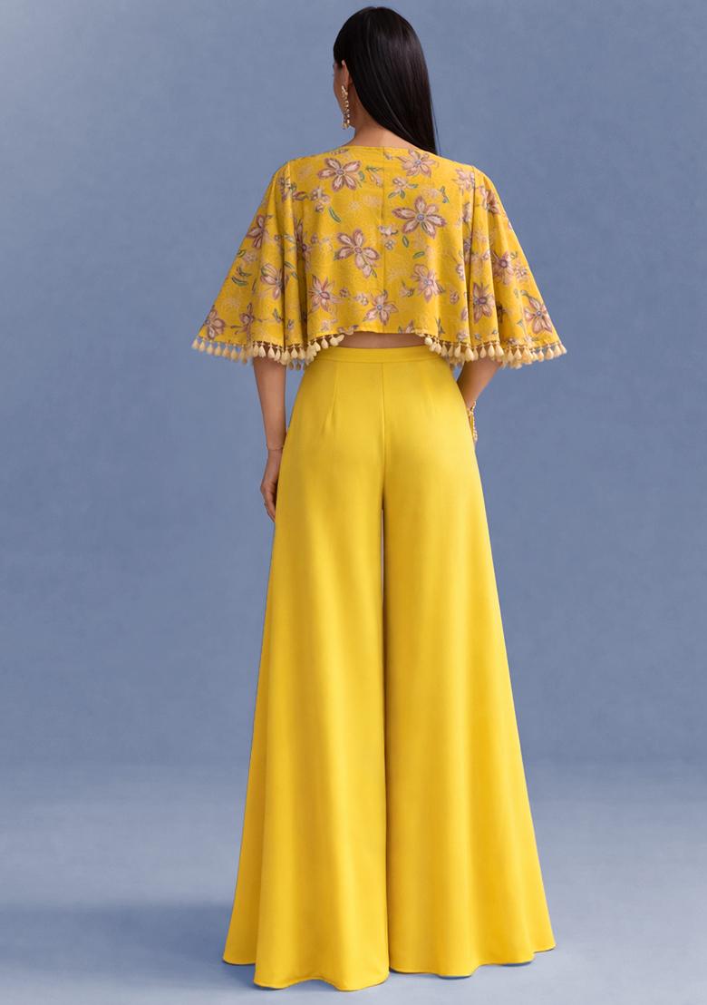 Yellow Floral Print Organza Fusion Set - Indya