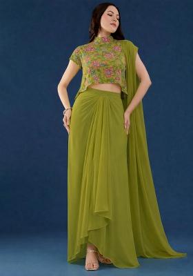 Olive Green Floral Print Organza Fusion Set