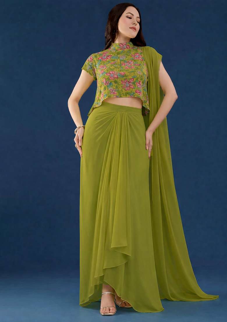 Olive Green Floral Print Organza Fusion Set - Indya