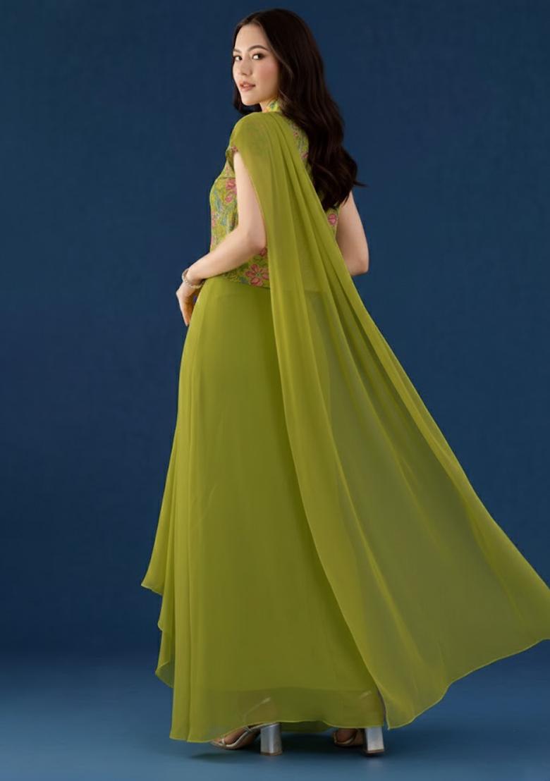 Olive Green Floral Print Organza Fusion Set - Indya