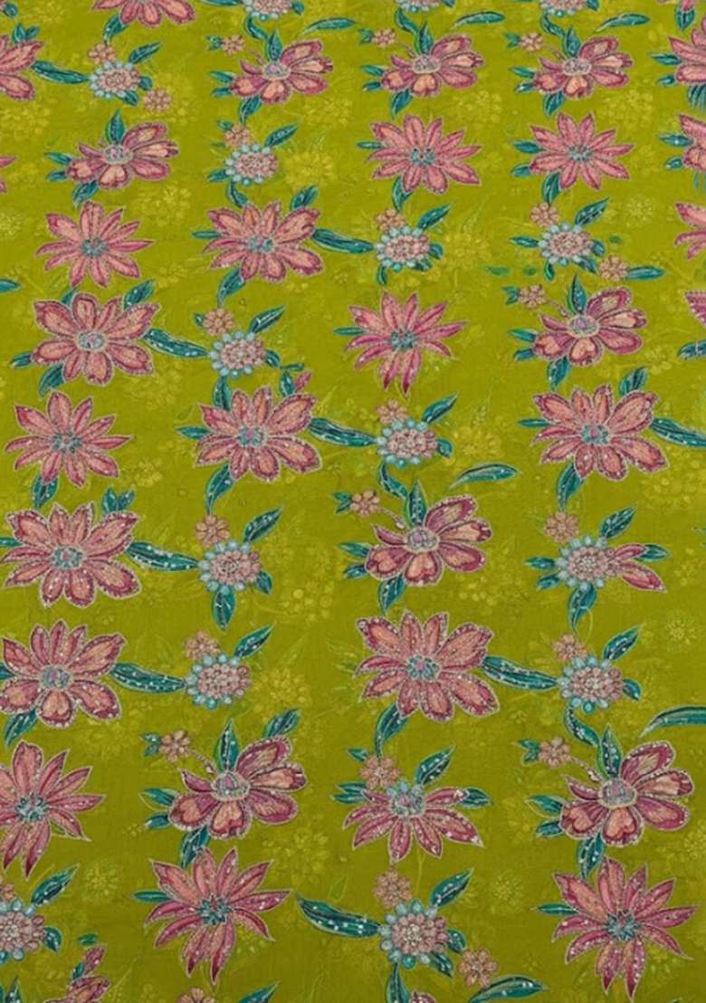 Olive Green Floral Print Organza Fusion Set - Indya