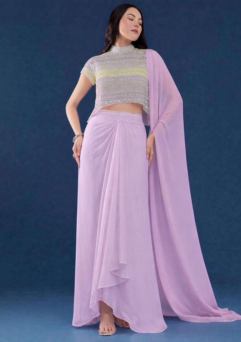 Lavender Embroidered Georgette Fusion Set - Indya