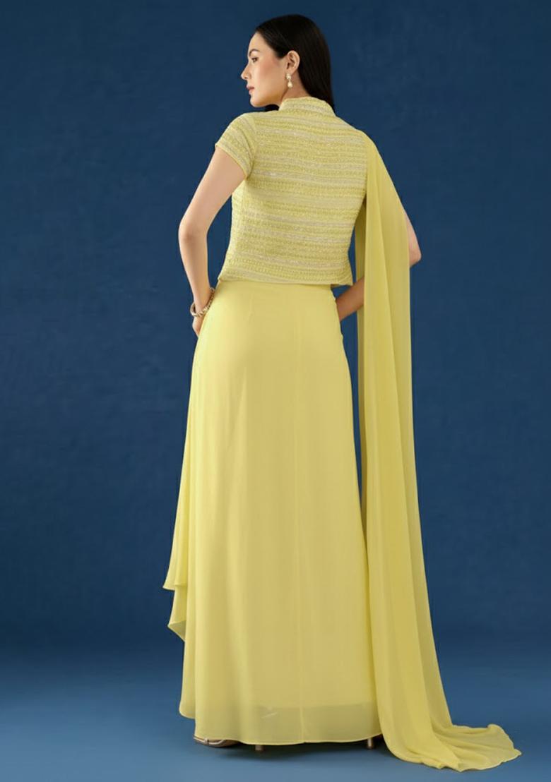 Yellow Embroidered Georgette Fusion Set - Indya
