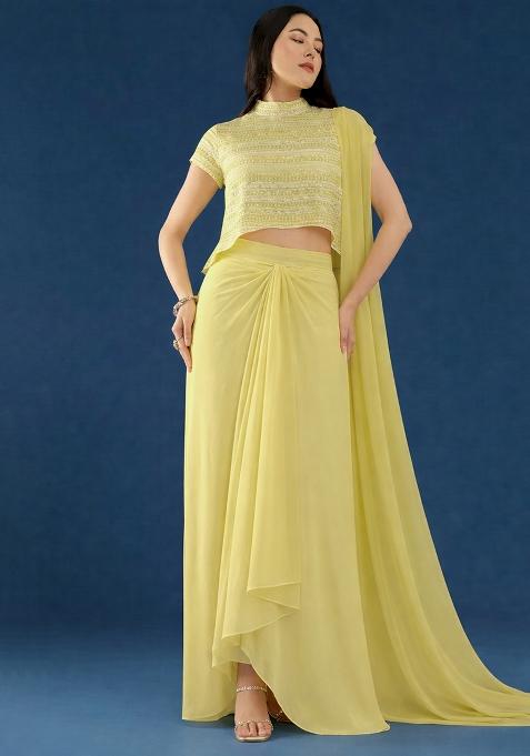 Yellow Embroidered Georgette Fusion Set