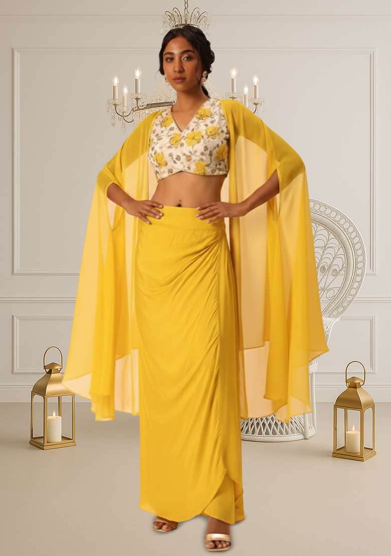 Yellow Floral Print Tissue Fusion Set - Indya