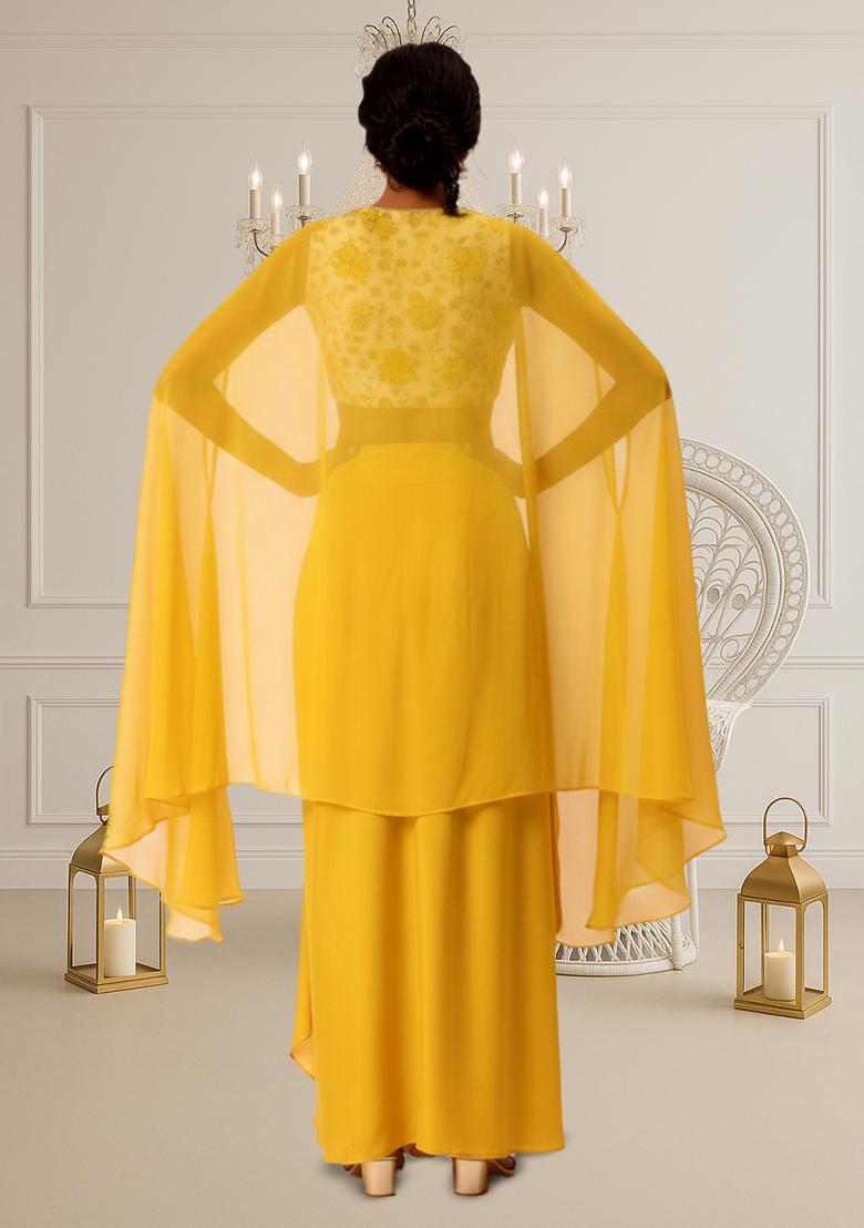 Yellow Floral Print Tissue Fusion Set - Indya