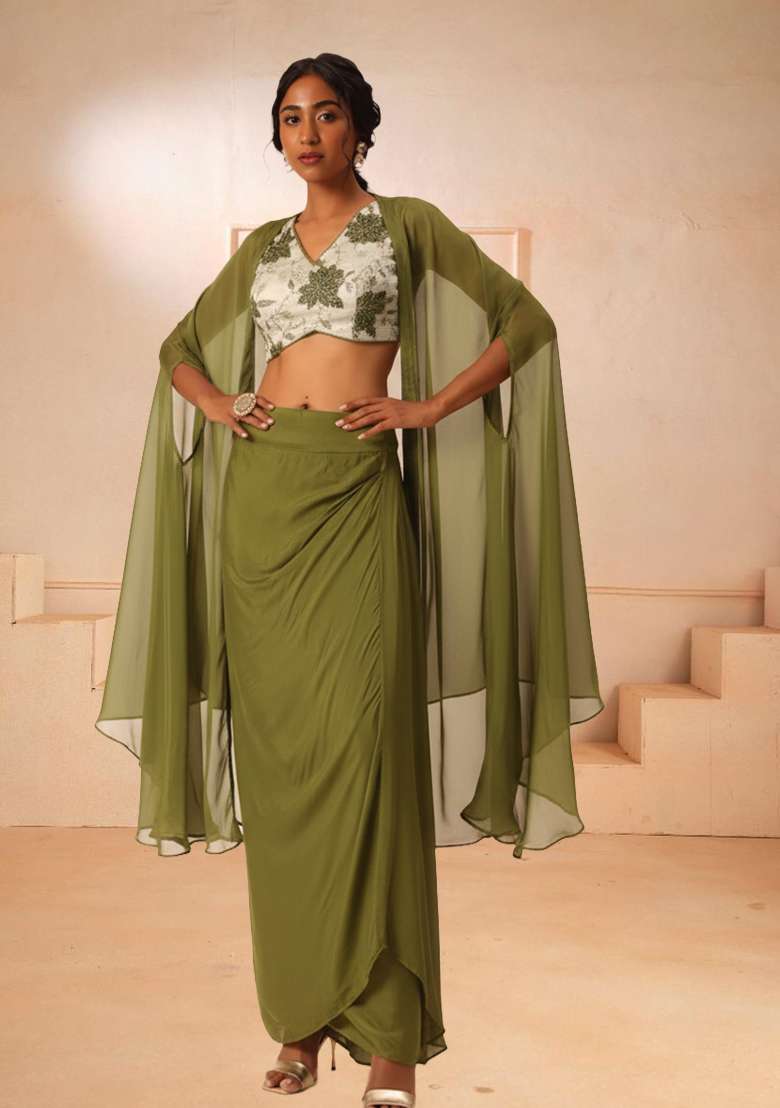 Olive Green Floral Print Tissue Fusion Set - Indya