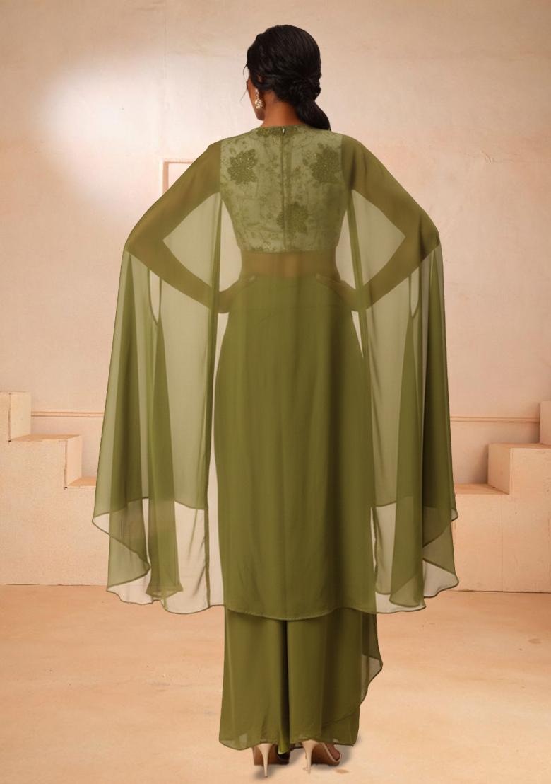 Olive Green Floral Print Tissue Fusion Set - Indya