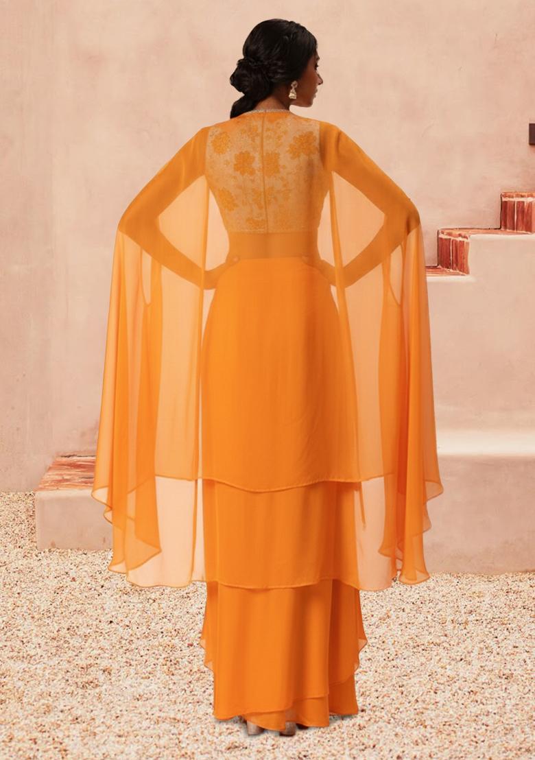 Orange Floral Print Tissue Fusion Set - Indya