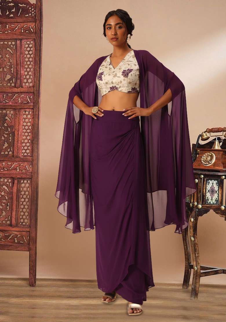 Purple Floral Print Tissue Fusion Set - Indya