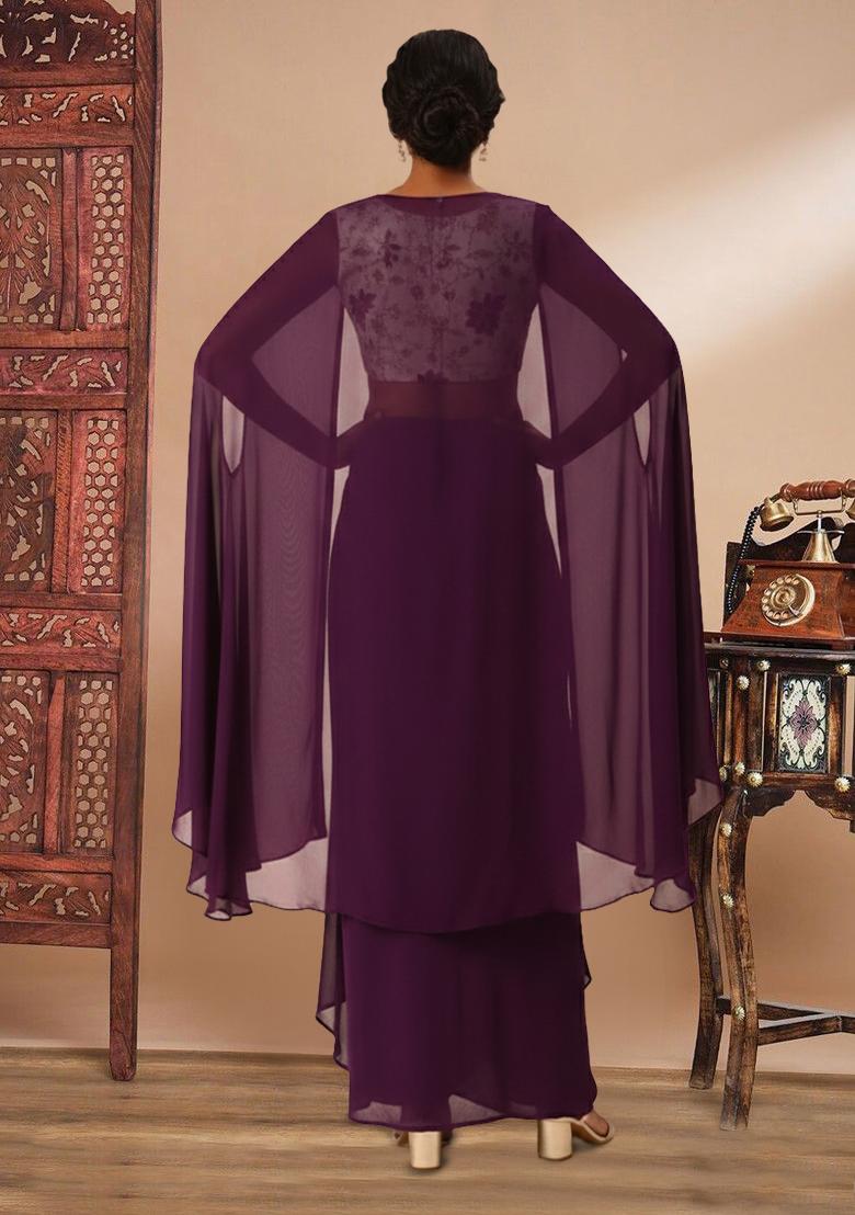 Purple Floral Print Tissue Fusion Set - Indya