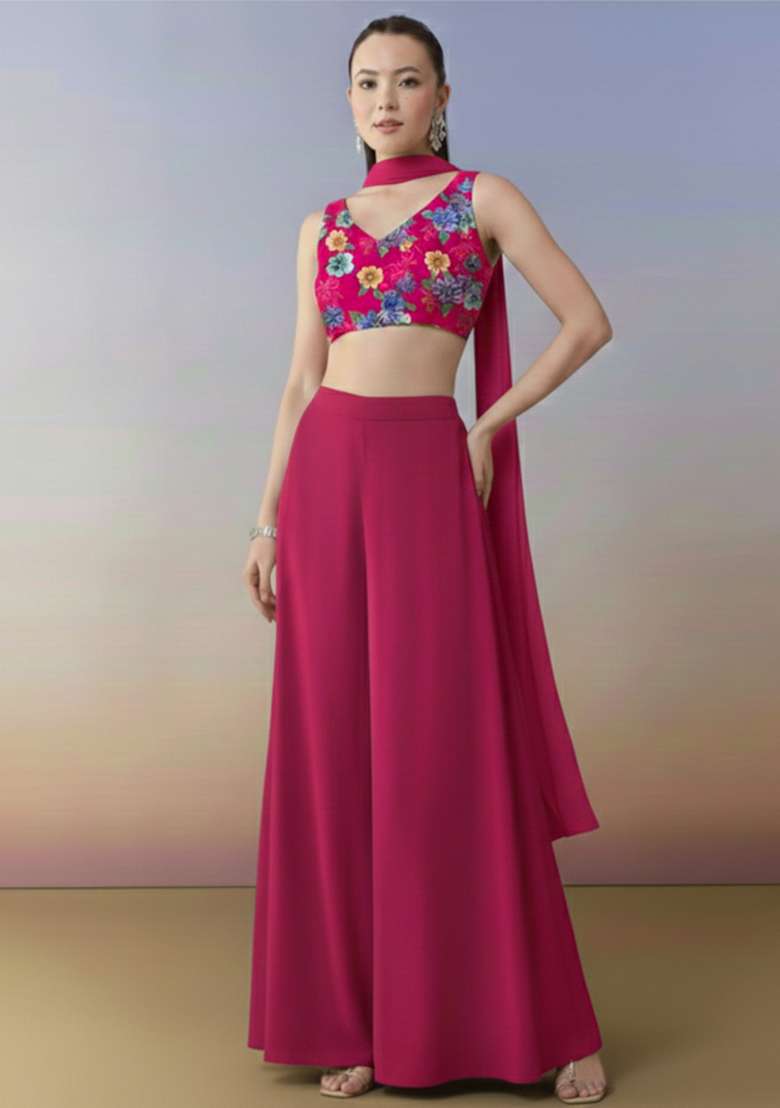 Rani Pink Abstract Print Crepe Fusion Set - Indya