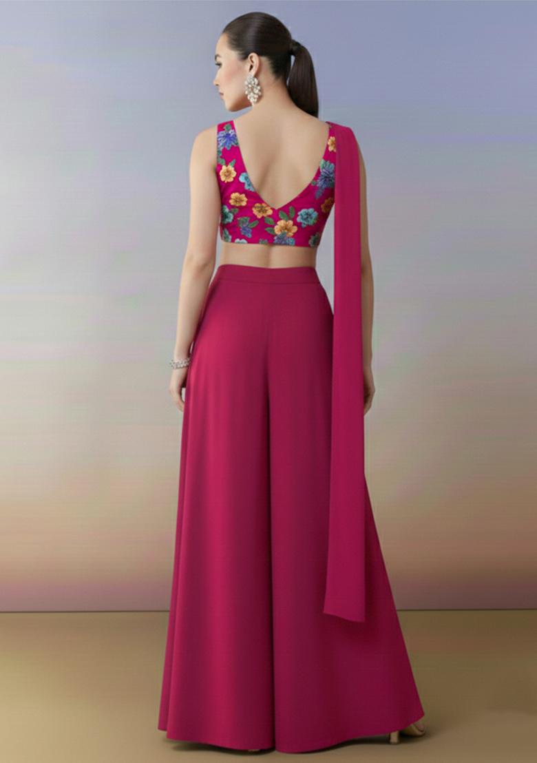 Rani Pink Abstract Print Crepe Fusion Set - Indya