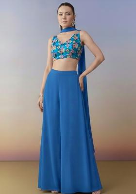 Teal Blue Abstract Print Crepe Fusion Set